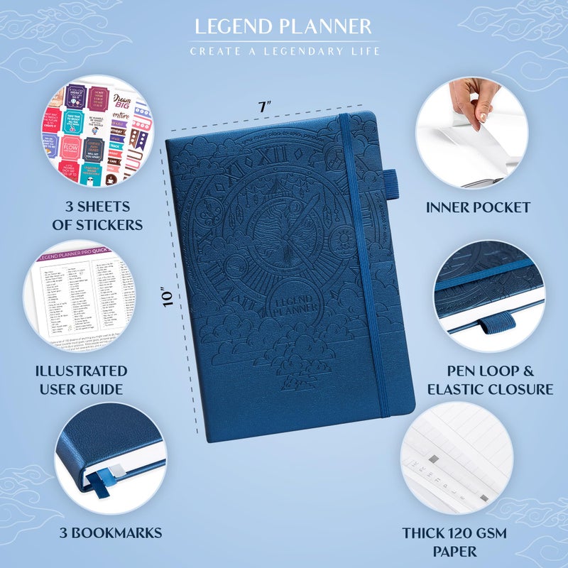 Legend Planner PRO â€“ Deluxe Weekly & Monthly Life Planner to Increase Productivity and Hit Your Goals. Time Management Organizer Notebook â€“ Undated â€“ 7 x 10" Hardcover + Stickers â€“ Mystic Blue - Image 2